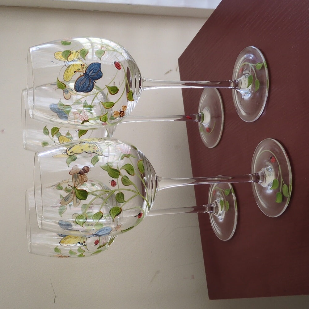 Lenox Floral Butterfly Hand Painted Wine Glassed Tall Stem Set Of 4